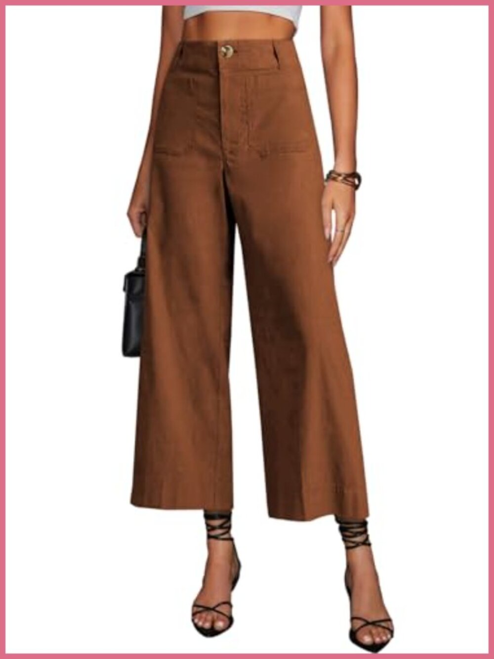 Womens High Waisted Cropped Capris Stretchy Straight Pants Trousers Wide Leg